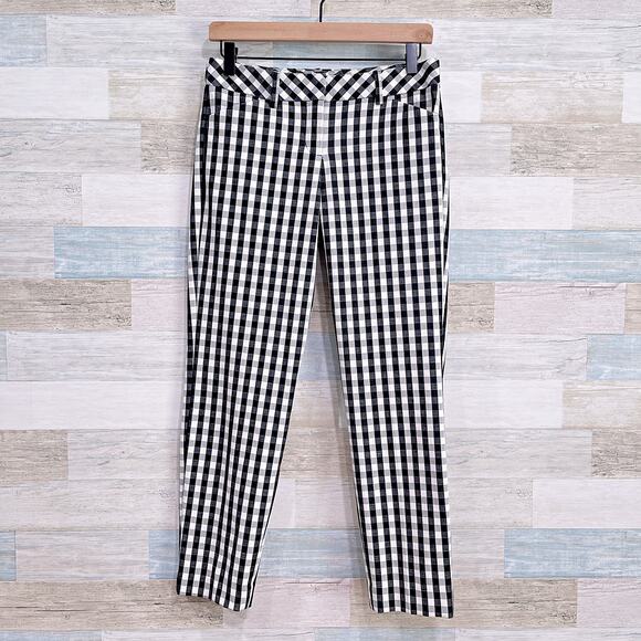 Express Gingham Plaid Editor Ankle Pants Black White Slim Straight Leg Womens 2 - Picture 1 of 7